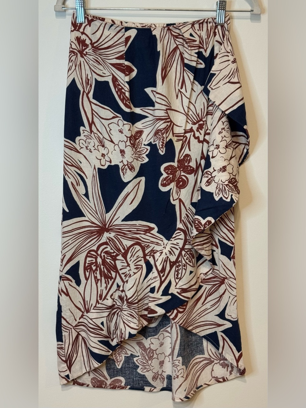 Rachel Zoe Linen Blend Faux Wrap Midi Skirt Tropical Print Ruffle Edge Size XS